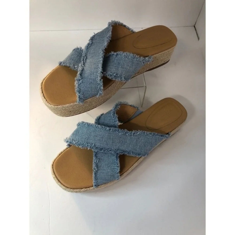 Gap Size‎ 8 Denim Espadrille Platform Slides Wind Blue Frayed Crisscross Sandals